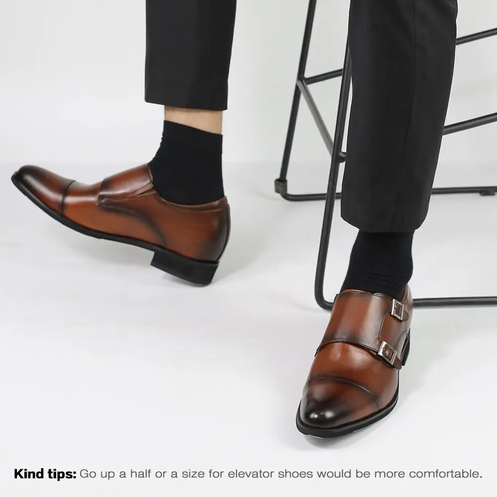 7CM / 2.76 Inches CMR CHAMARIPA Men's Height Increasing Monk Elevator Dress Shoes For Men Brown Calfskin Leather