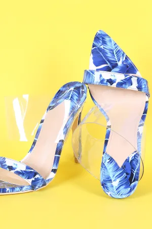 Banana Leaf Print Transparent Band Pointed Open Toe Stiletto Mule Heel