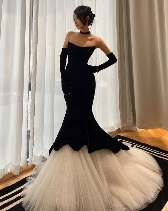 Black Mermaid Velvet Tulle Long Prom Dress, Evening Dress Y4678