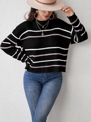 Black Striped Drop Shoulder Knit Sweater – Cozy & Chic