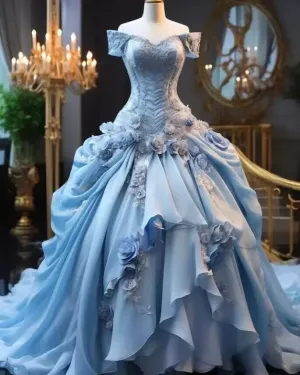 Blue Fairy 3D Floral Prom Dress Bustle Ruched Sweet 16 Ball Gown Quinceanera Dress Y7607