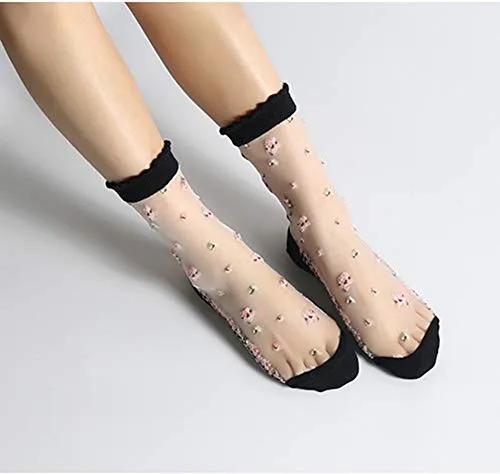 Floosum Womens 4 Pairs Ultrathin Transparent Lace Elastic Short Socks, 4 Pair Piont