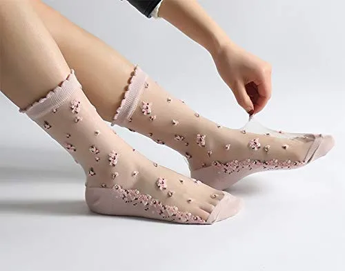 Floosum Womens 4 Pairs Ultrathin Transparent Lace Elastic Short Socks, 4 Pair Piont