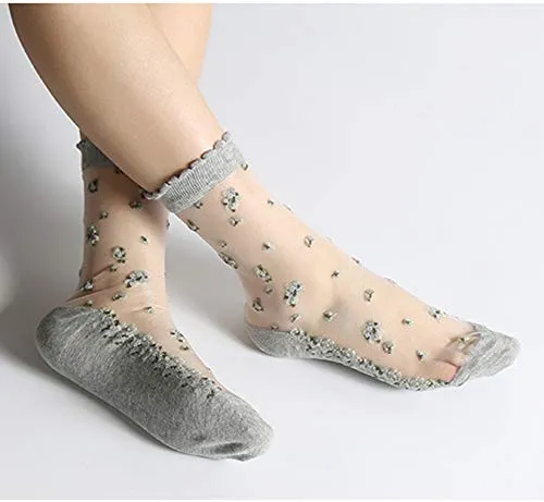 Floosum Womens 4 Pairs Ultrathin Transparent Lace Elastic Short Socks, 4 Pair Piont