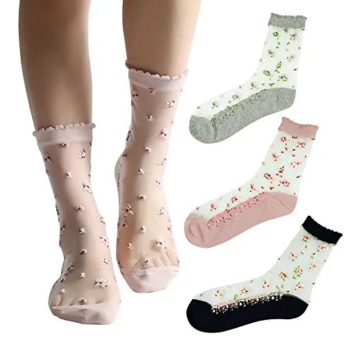 Floosum Womens 4 Pairs Ultrathin Transparent Lace Elastic Short Socks, 4 Pair Piont