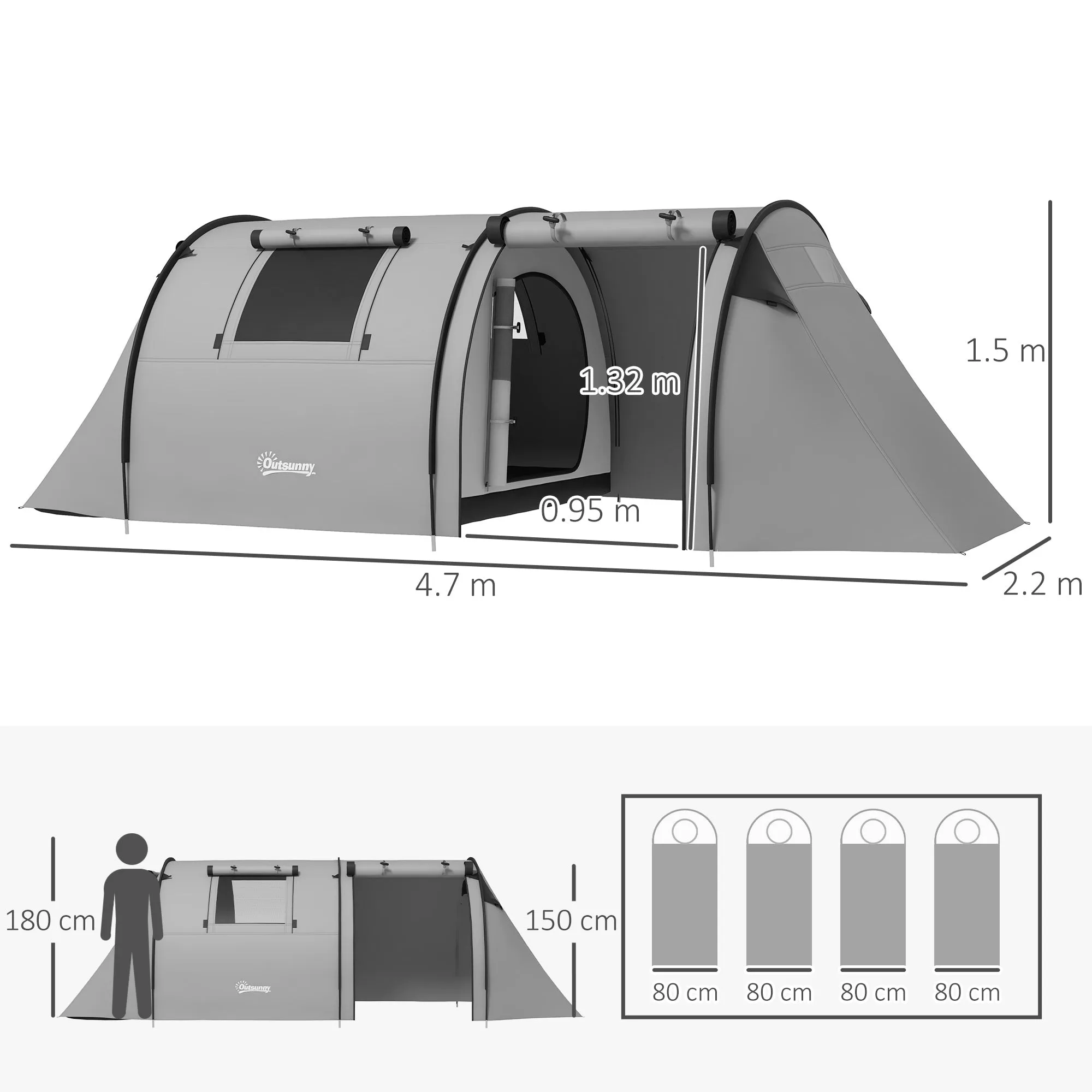 Four Man Duo Room Tunnel Tent, with Accessories - Grey