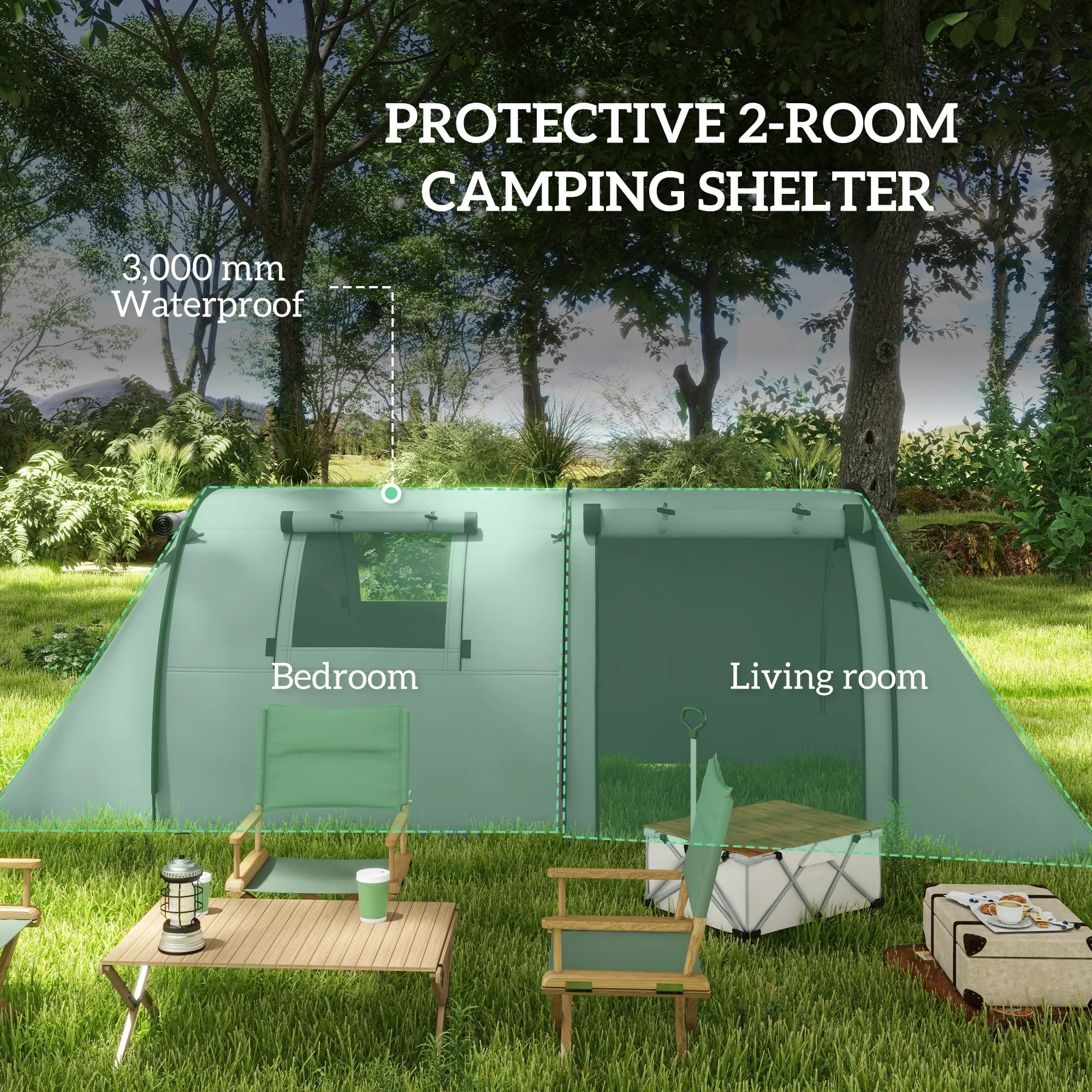 Four Man Duo Room Tunnel Tent, with Accessories - Grey