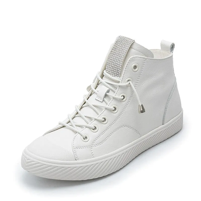 Genuine Leather High Top Platform Sneakers Women Girls Cowhide Sneakers Loafers White Flat Slip on Vulcanized Rubber Sole Shoes