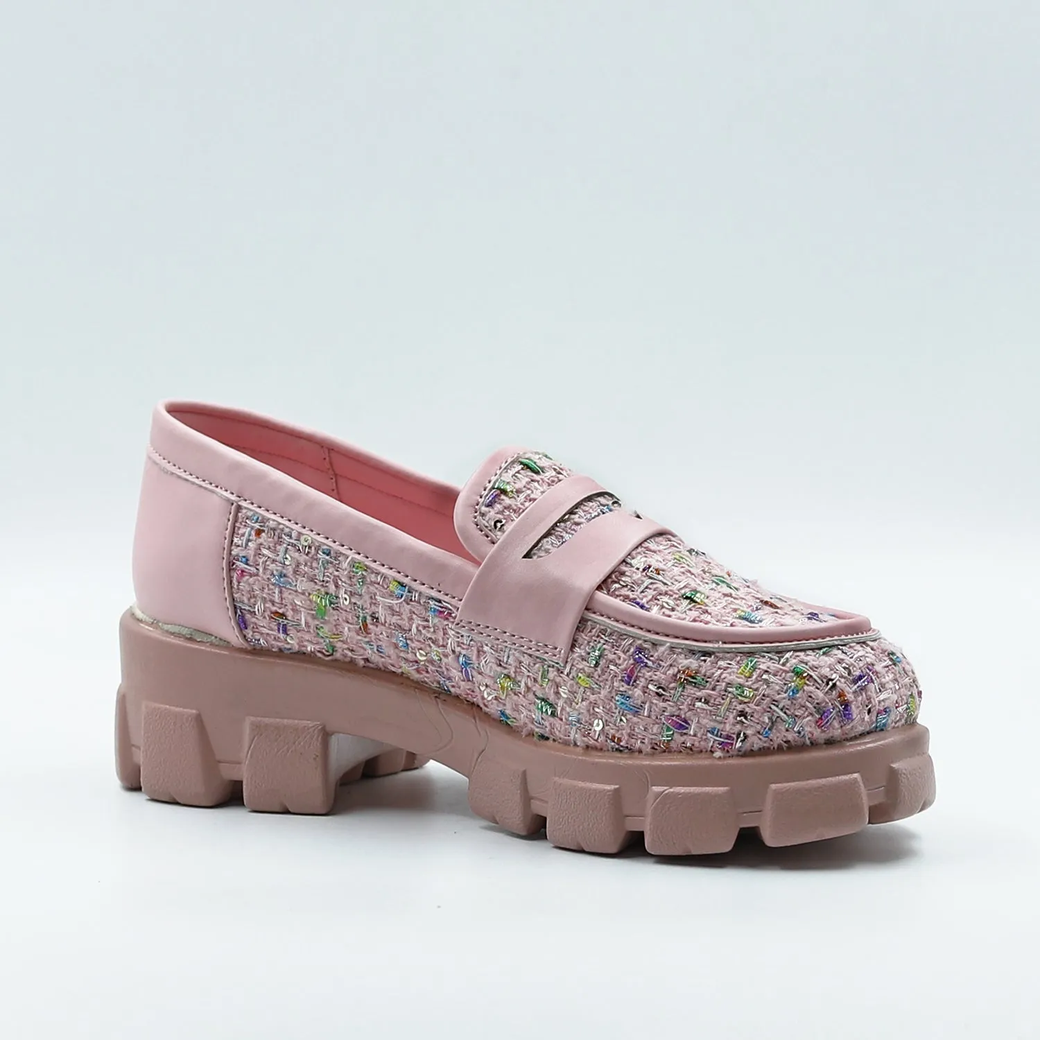 Pastel Pink Slip-On Tweed Loafers