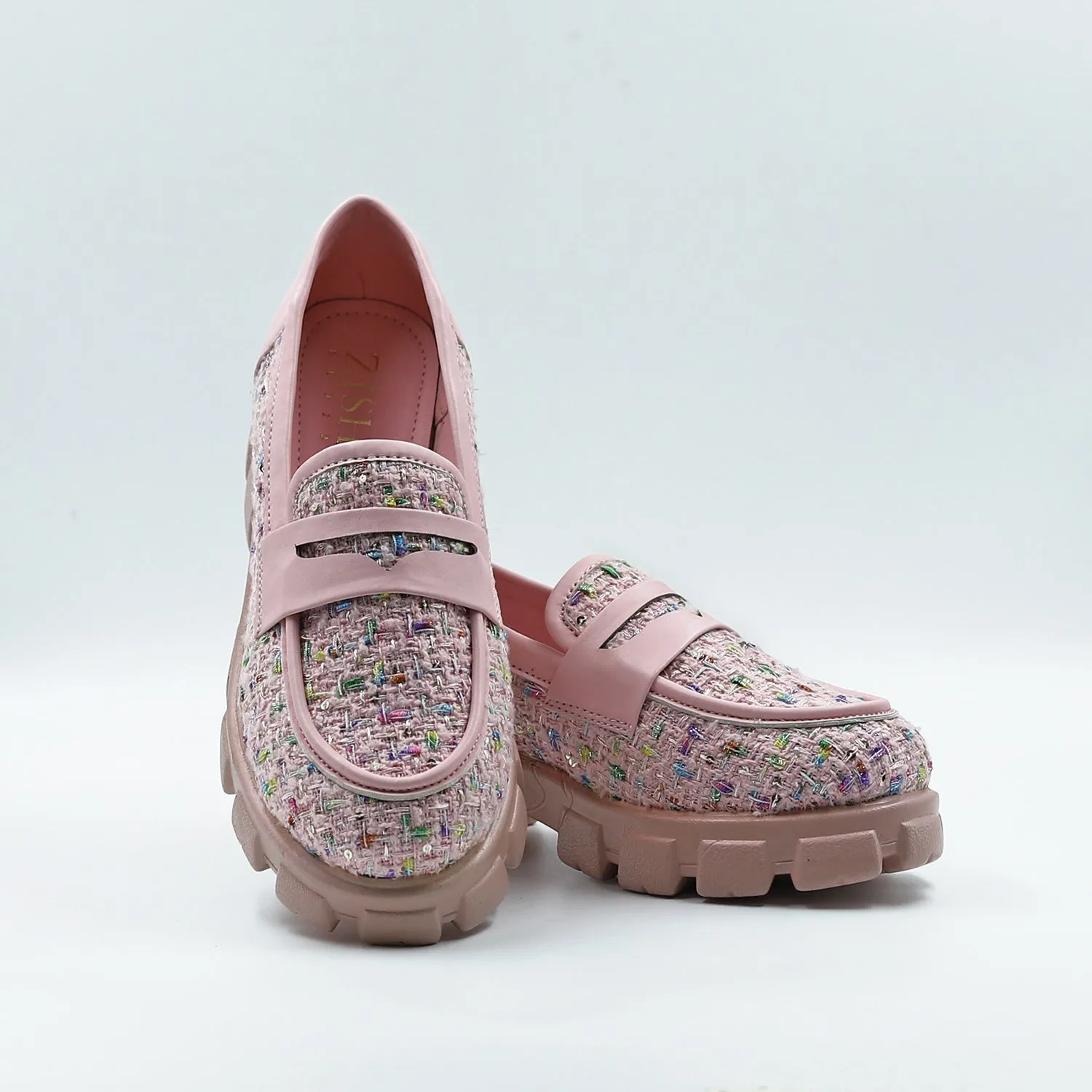 Pastel Pink Slip-On Tweed Loafers