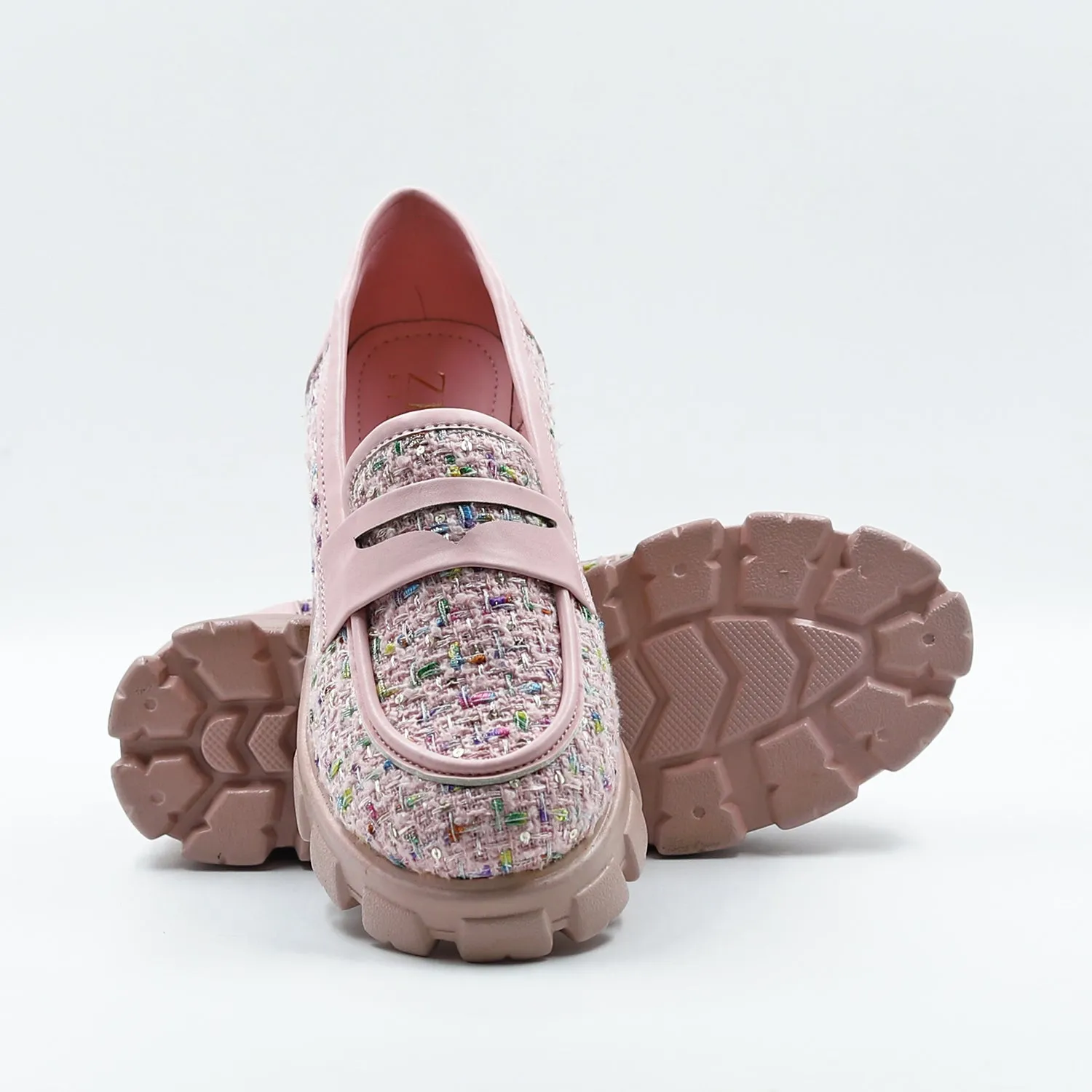 Pastel Pink Slip-On Tweed Loafers