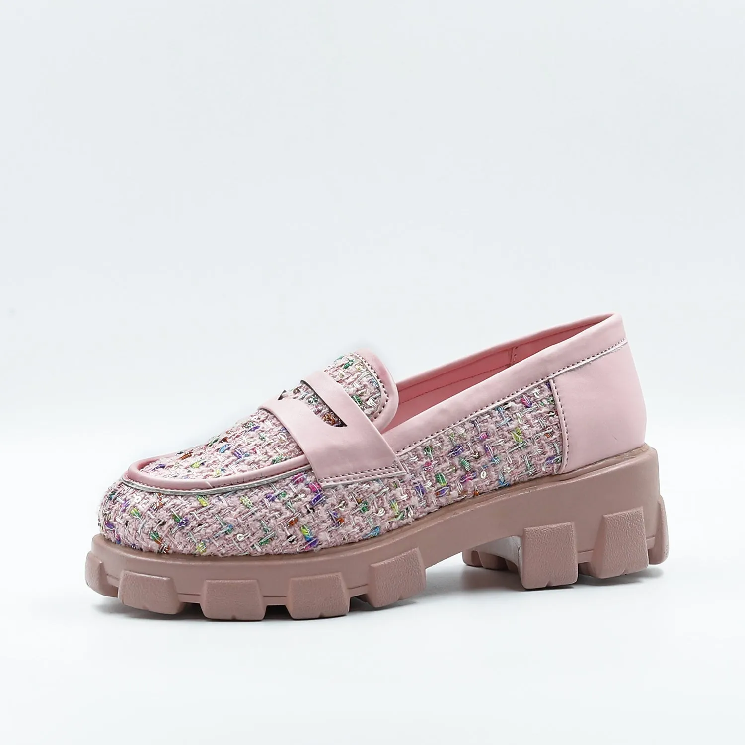Pastel Pink Slip-On Tweed Loafers