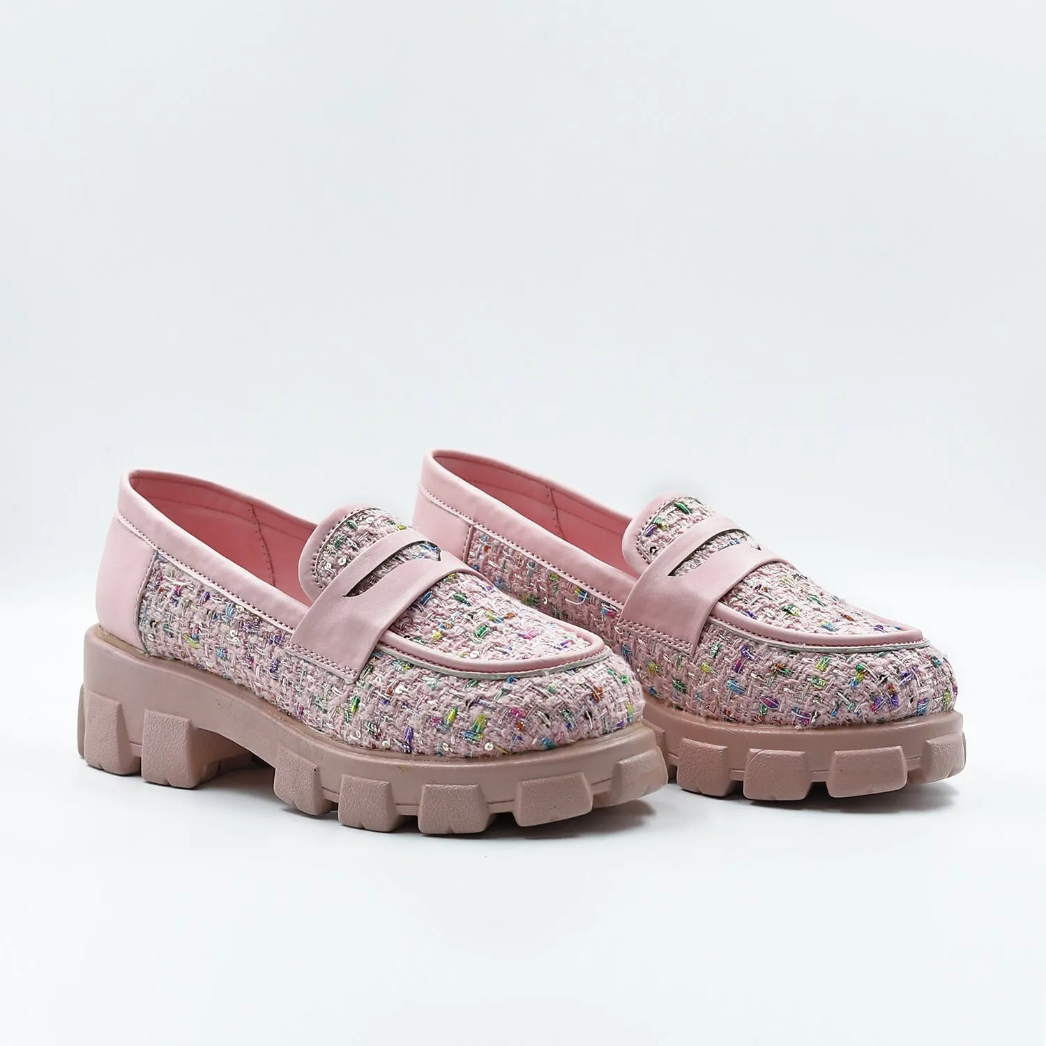 Pastel Pink Slip-On Tweed Loafers
