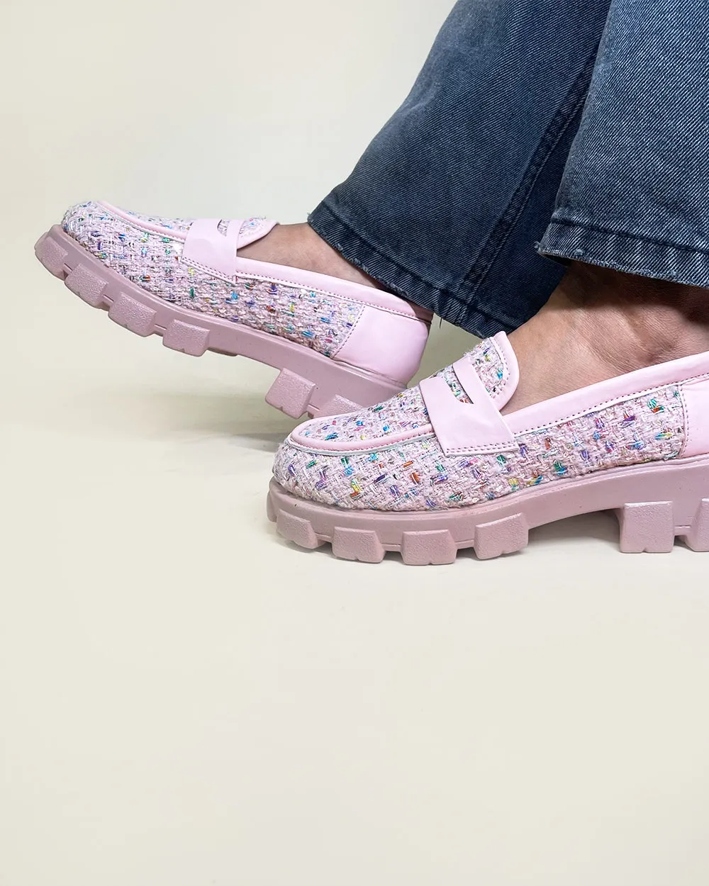Pastel Pink Slip-On Tweed Loafers