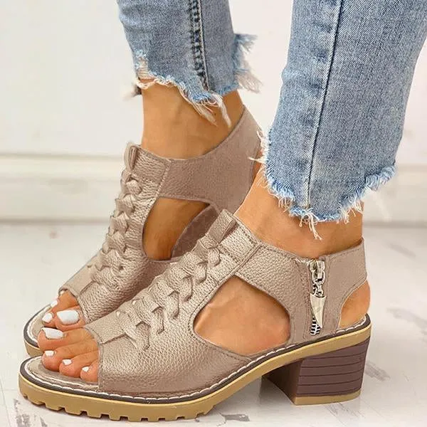 Peep Toe Cutout Zipper Chunky Heeled Sandals