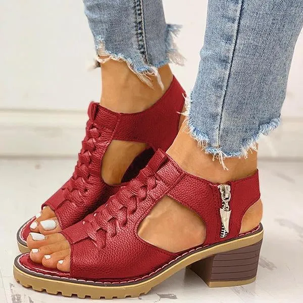 Peep Toe Cutout Zipper Chunky Heeled Sandals