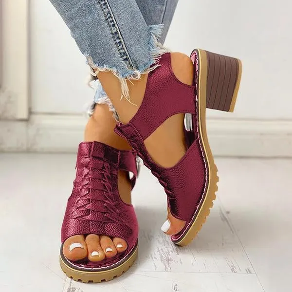 Peep Toe Cutout Zipper Chunky Heeled Sandals