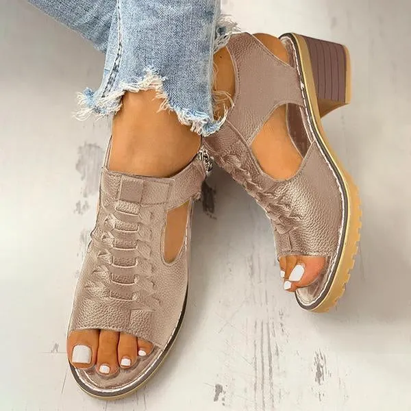 Peep Toe Cutout Zipper Chunky Heeled Sandals