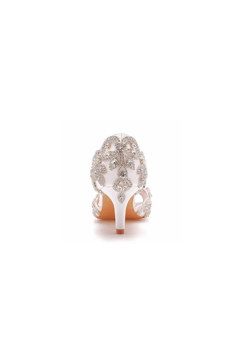 Peep Toe Satin Rhinestone Slip On High Heels