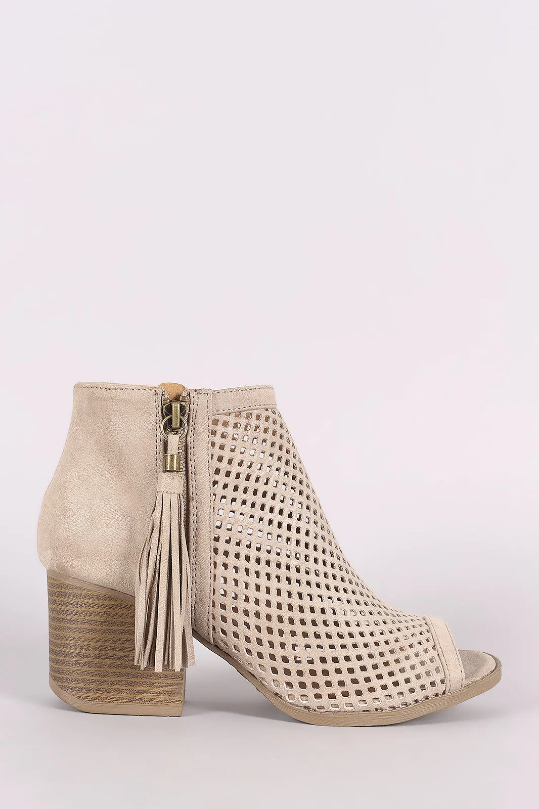Qupid Suede Perforated Tassel Peep Toe Booties
