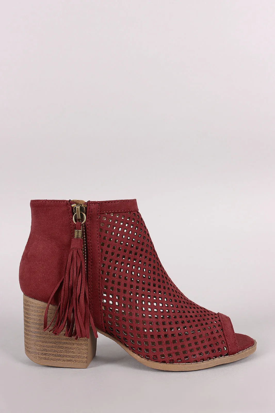 Qupid Suede Perforated Tassel Peep Toe Booties