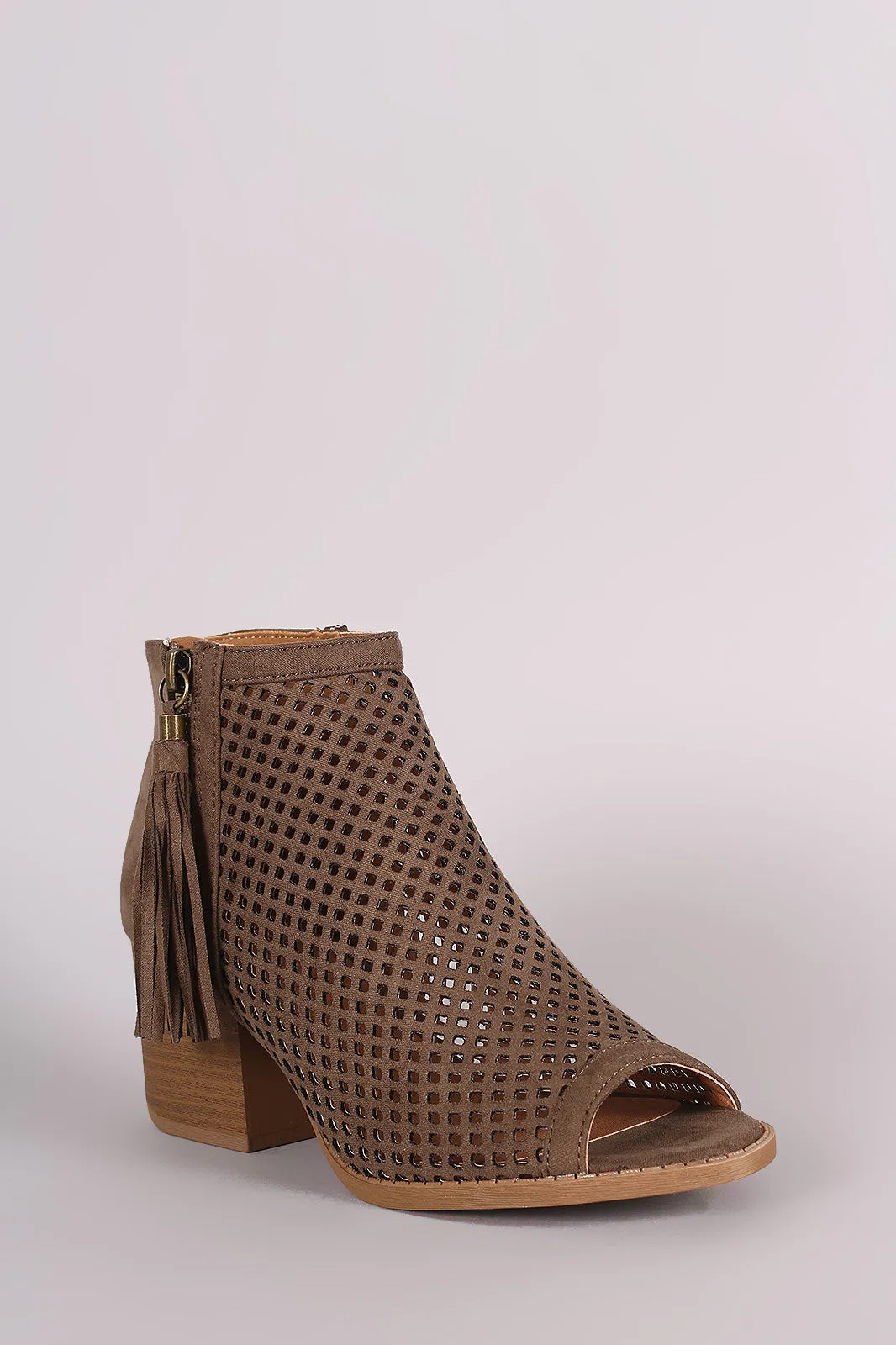 Qupid Suede Perforated Tassel Peep Toe Booties