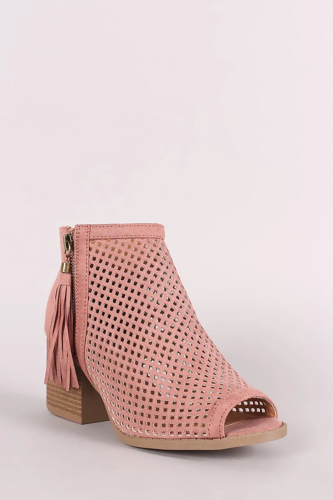 Qupid Suede Perforated Tassel Peep Toe Booties