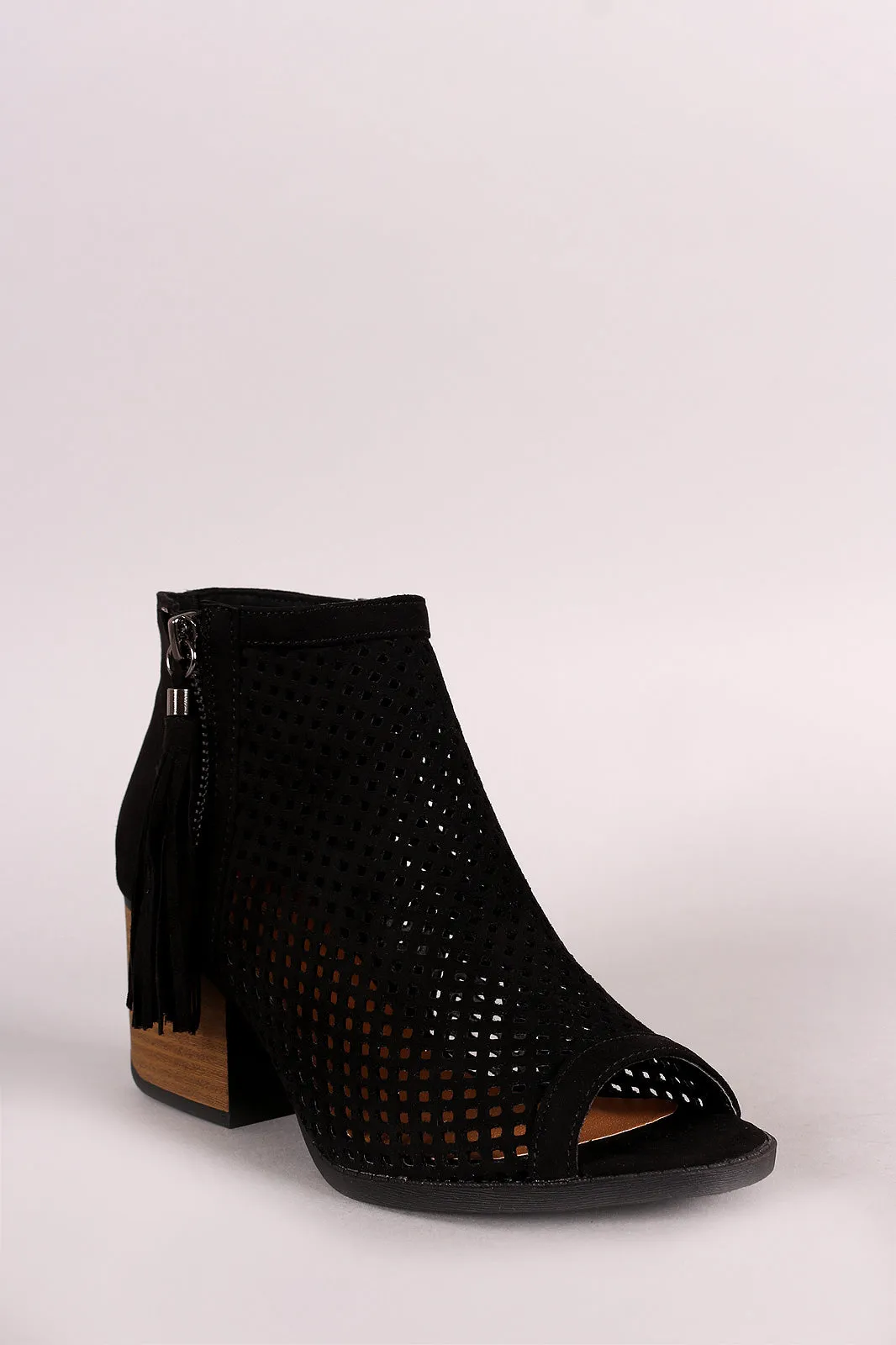 Qupid Suede Perforated Tassel Peep Toe Booties