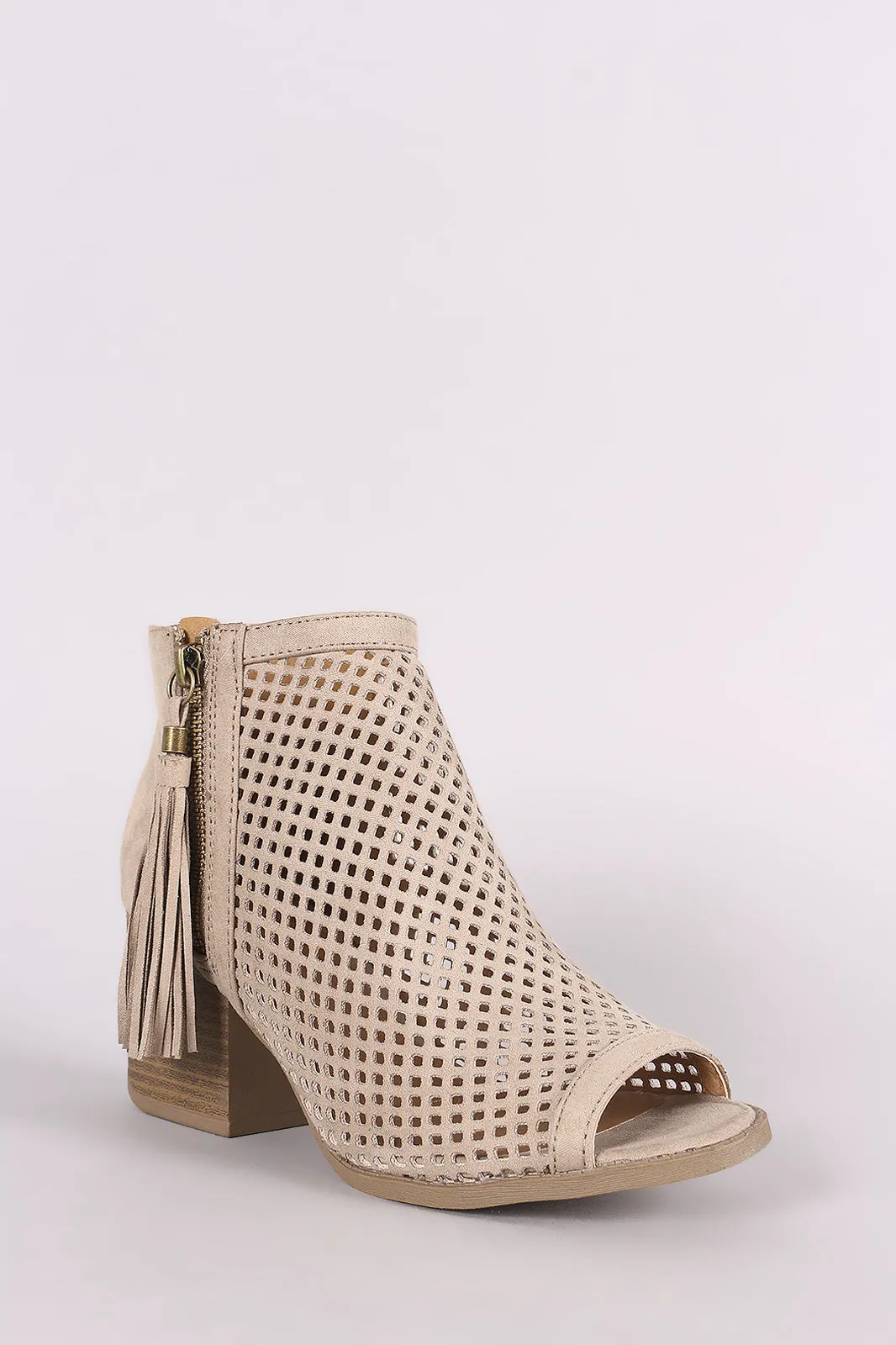 Qupid Suede Perforated Tassel Peep Toe Booties