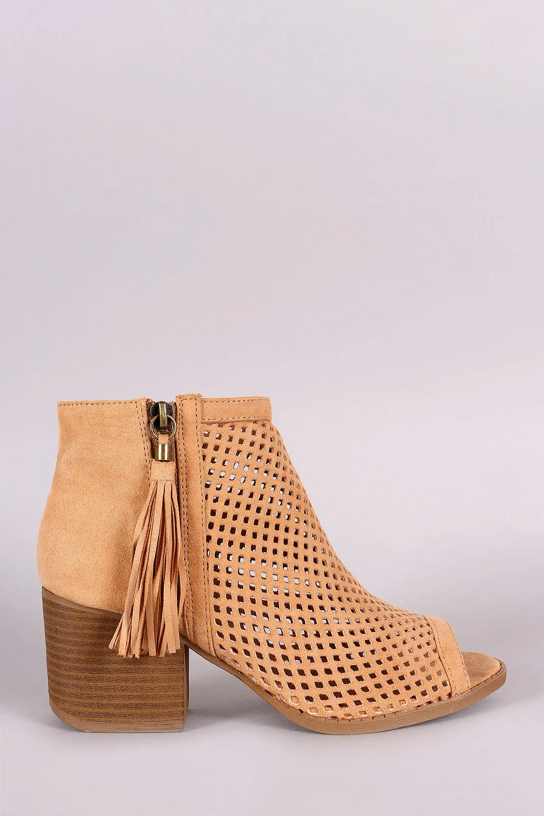 Qupid Suede Perforated Tassel Peep Toe Booties