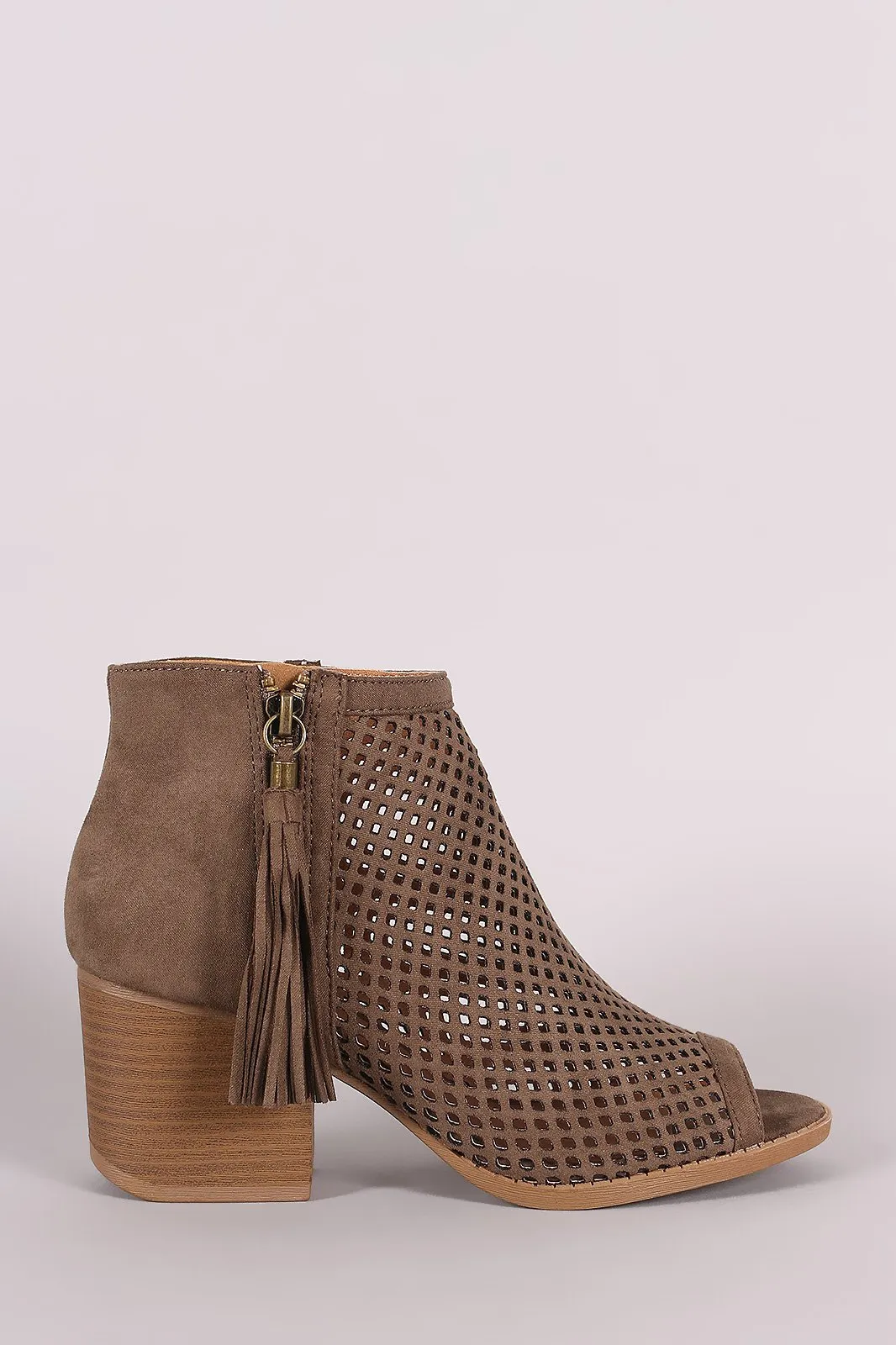 Qupid Suede Perforated Tassel Peep Toe Booties