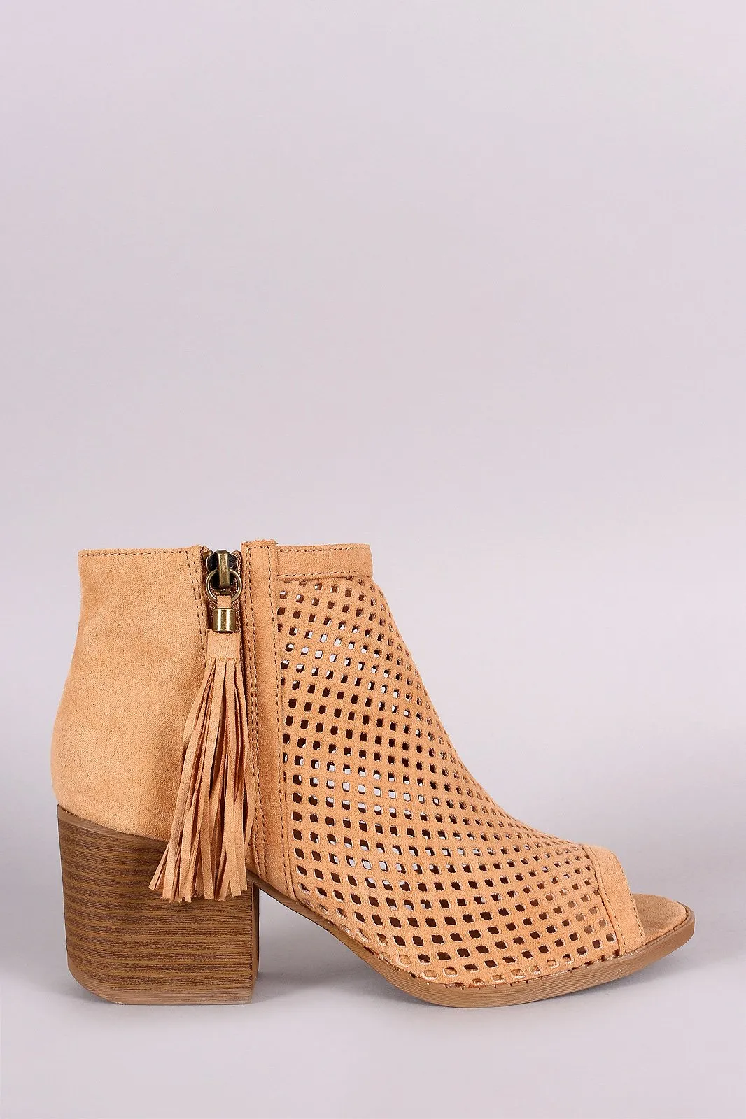 Qupid Suede Perforated Tassel Peep Toe Booties
