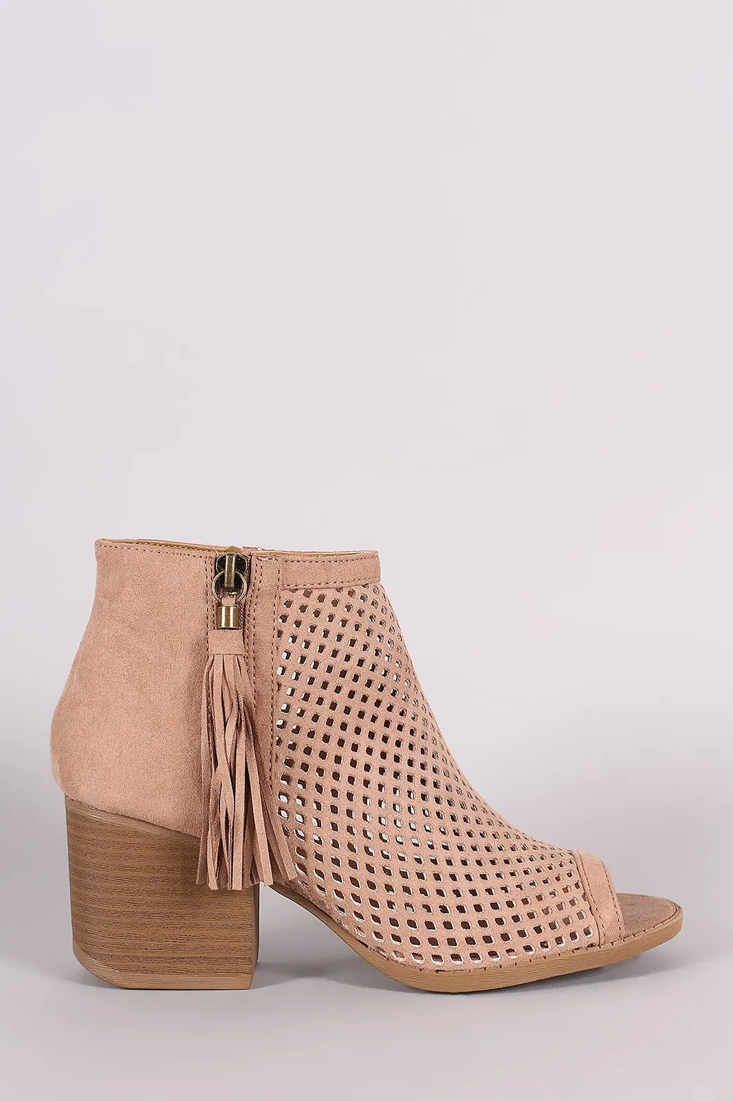 Qupid Suede Perforated Tassel Peep Toe Booties