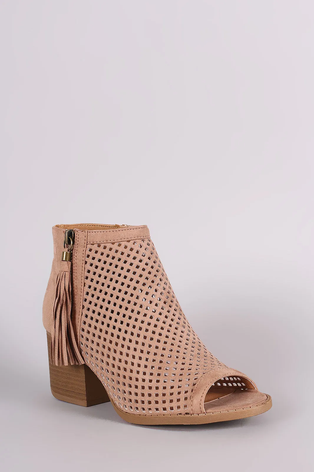 Qupid Suede Perforated Tassel Peep Toe Booties