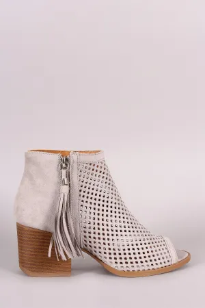 Qupid Suede Perforated Tassel Peep Toe Booties