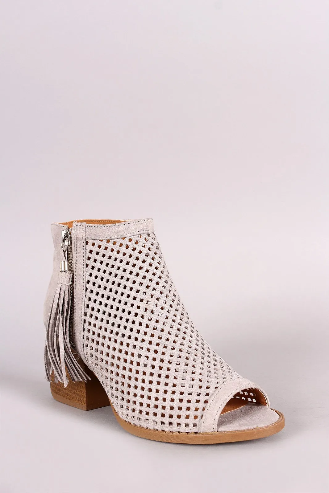 Qupid Suede Perforated Tassel Peep Toe Booties