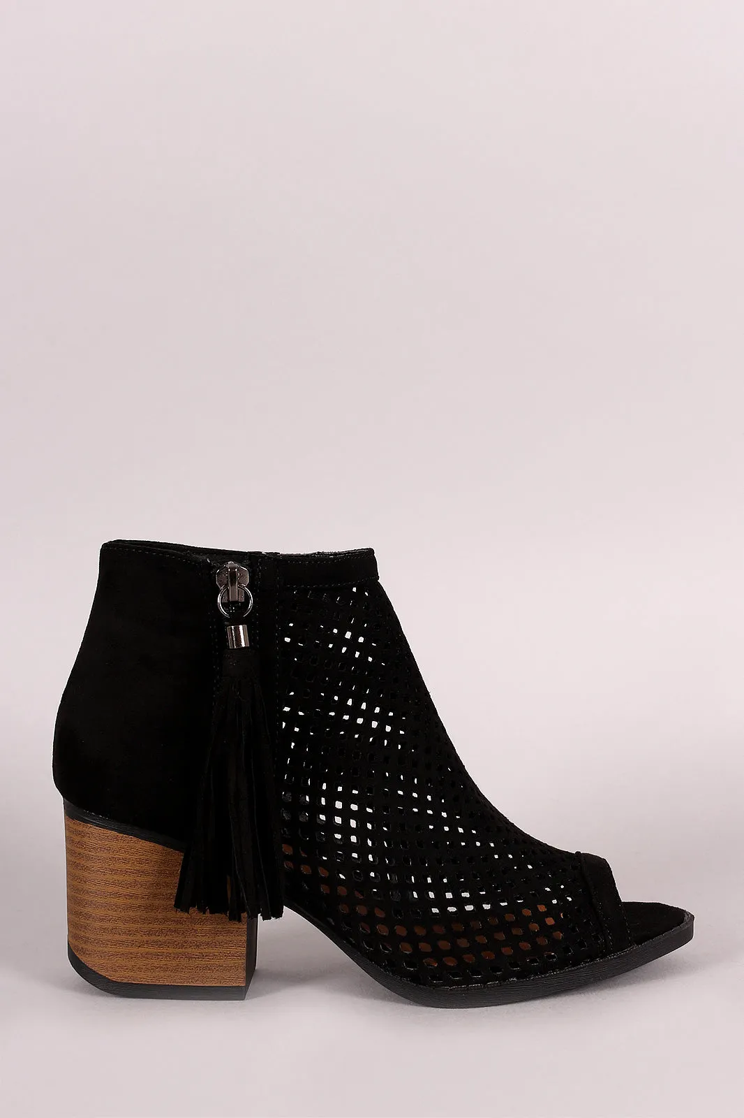 Qupid Suede Perforated Tassel Peep Toe Booties