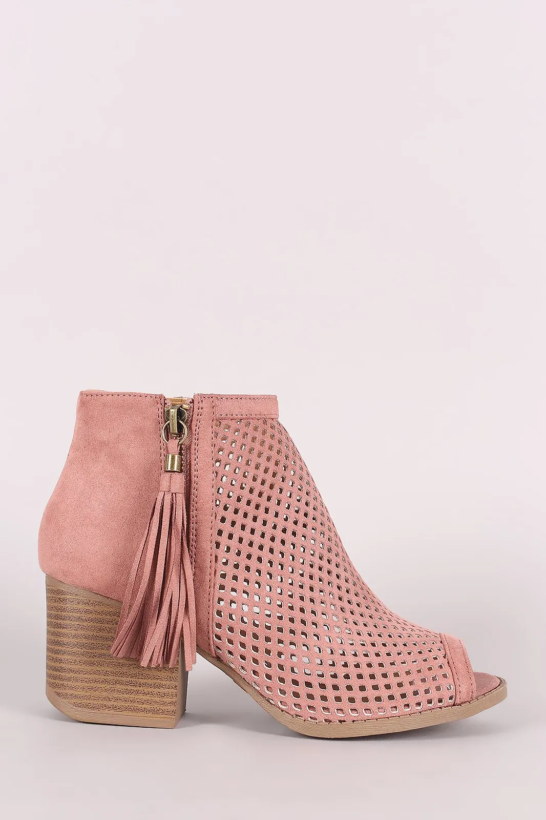 Qupid Suede Perforated Tassel Peep Toe Booties