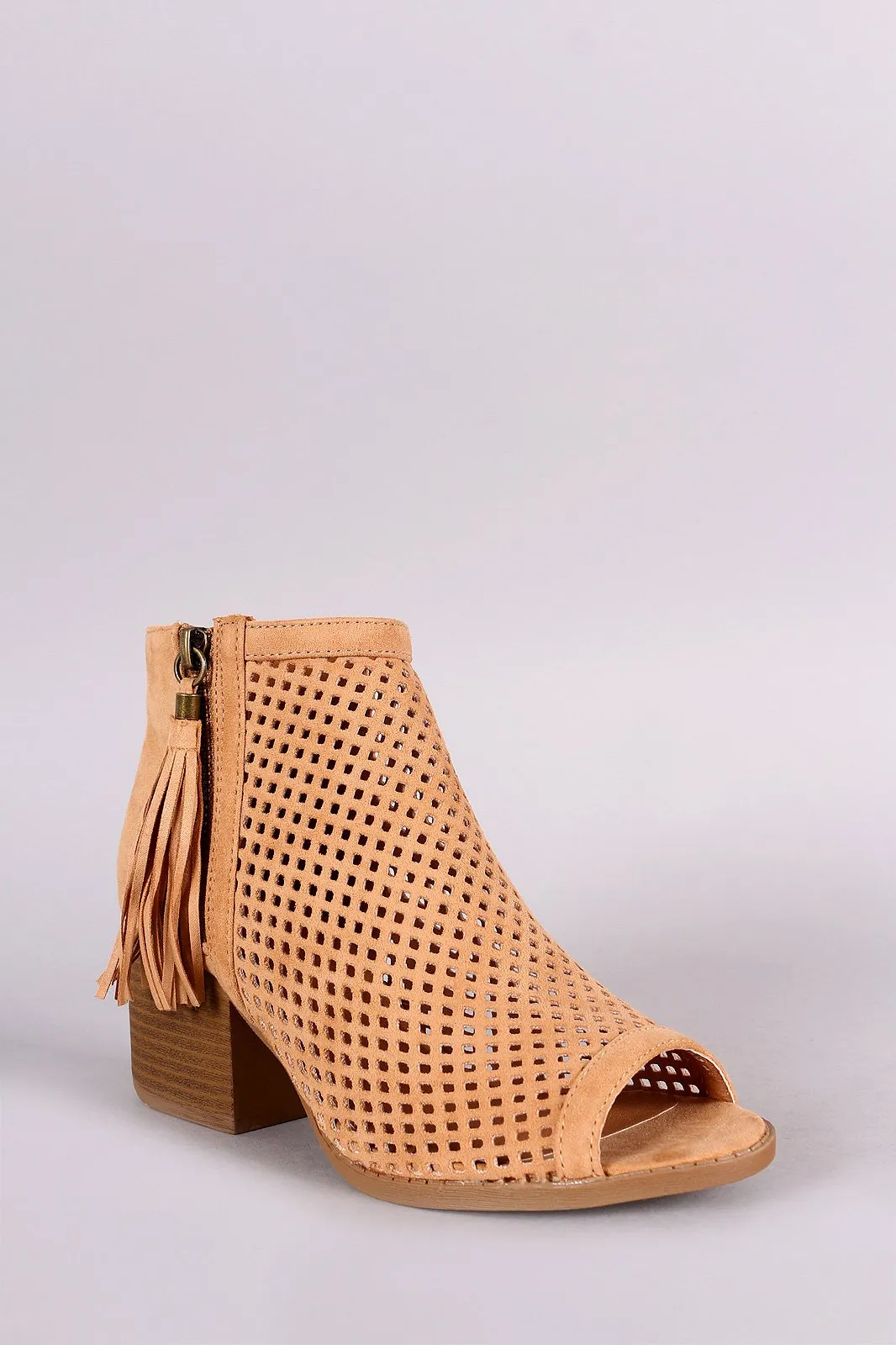 Qupid Suede Perforated Tassel Peep Toe Booties