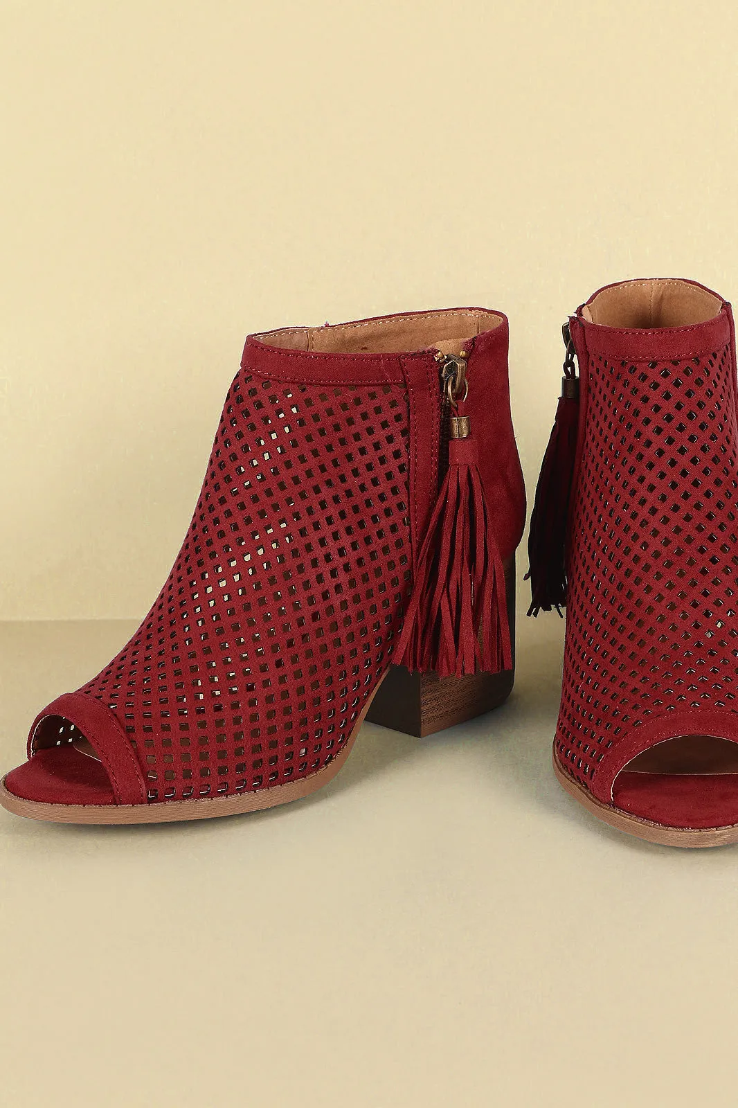 Qupid Suede Perforated Tassel Peep Toe Booties