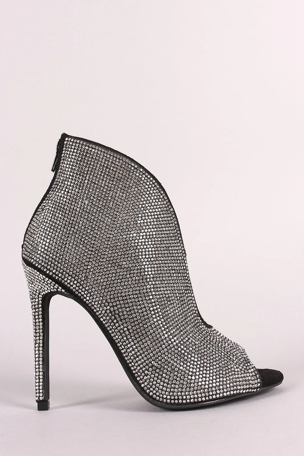 Scoop Vamp Rhinestone Encrusted Peep Toe Stiletto Booties