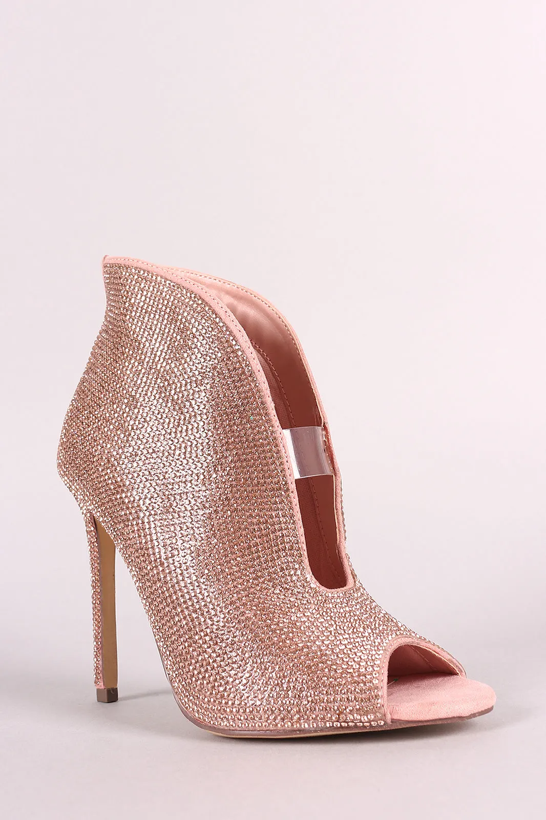 Scoop Vamp Rhinestone Encrusted Peep Toe Stiletto Booties