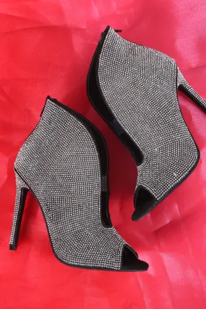 Scoop Vamp Rhinestone Encrusted Peep Toe Stiletto Booties